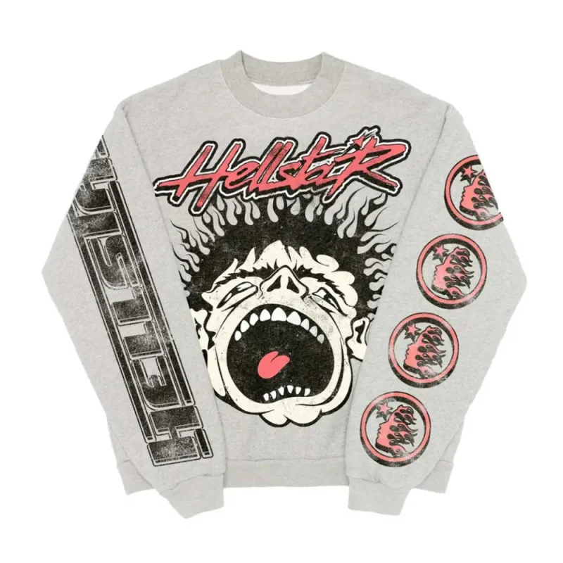 Photo 1 shows HELLSTAR RECORDS CREWNECK HEATHER GREY from the front side